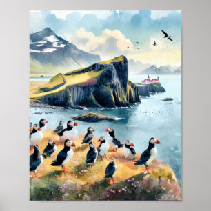 Vik Iceland Puffins Watercolor Poster
