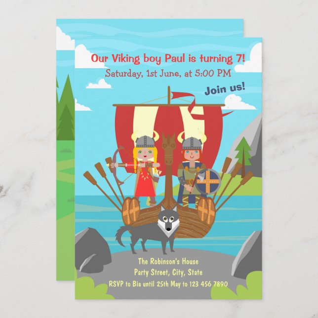 Viking boy and girl on viking ship birthday party invitation (Front/Back)