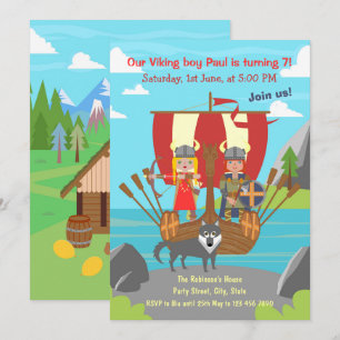 Viking boy and girl on viking ship birthday party invitation