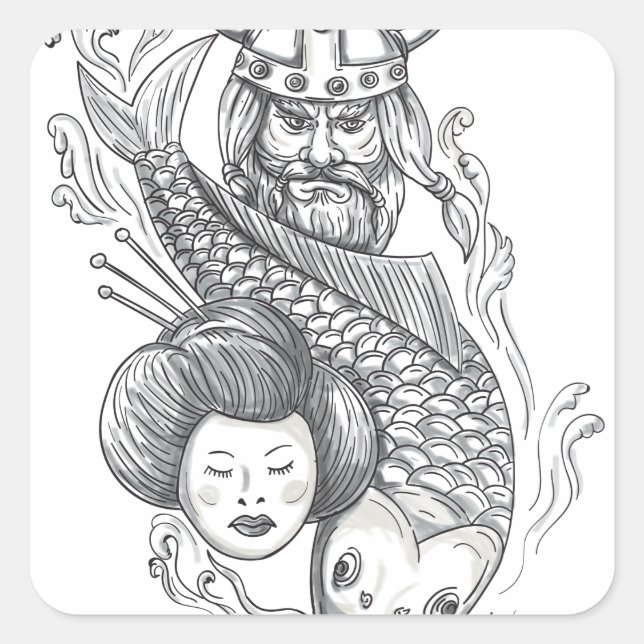 Viking Carp Geisha Head Tattoo Square Sticker (Front)