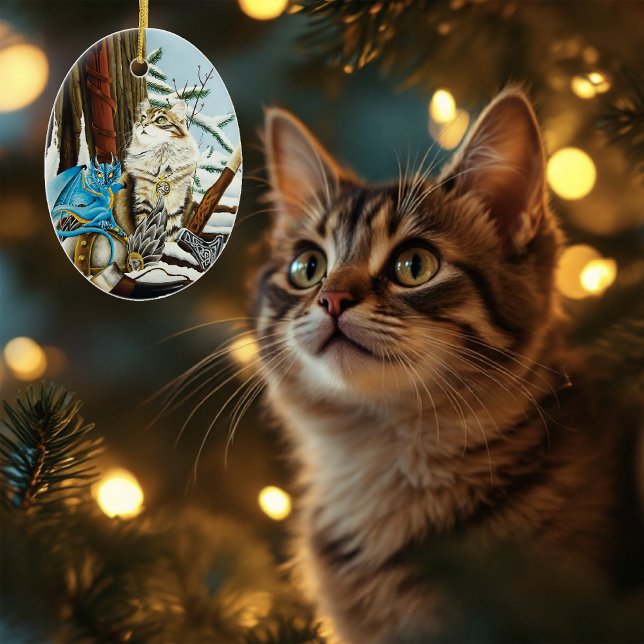 Viking Cat Blue Dragon Fantasy Ceramic Tree Decoration (Creator Uploaded)