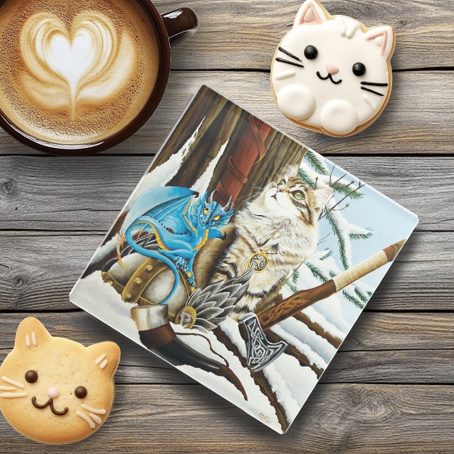 Viking Cat Blue Dragon Fantasy  Glass Coaster (Creator Uploaded)