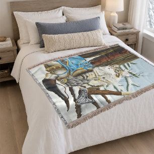 Viking Cat Blue Dragon Fantasy Throw Blanket