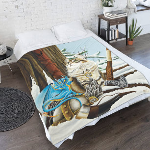 Viking Cat Blue Dragon Fleece Blanket