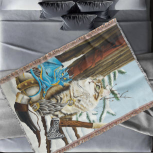 Viking Cat Blue Dragon Throw Blanket