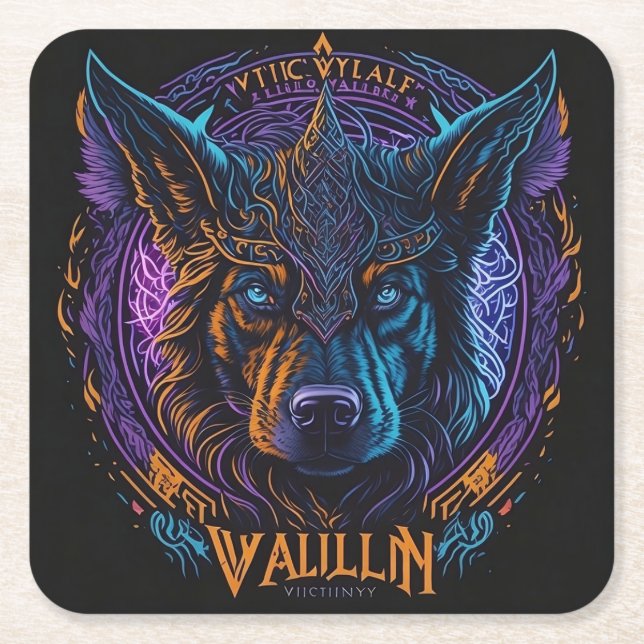 Viking dog head logo     square paper coaster (Front)