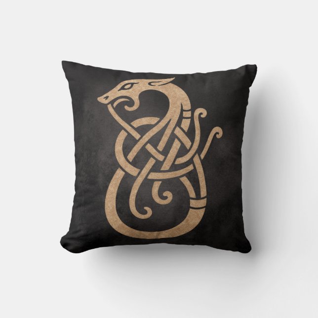 Viking Dragon Knot – Ancient Norse Symbol on Black Cushion (Front)