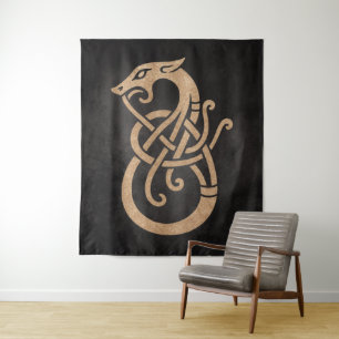 Viking Dragon Knot – Ancient Norse Symbol on Black Tapestry