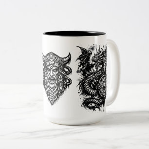 Viking, Dragon & Shield Maiden – Nordic Mythic Ink Two-Tone Coffee Mug