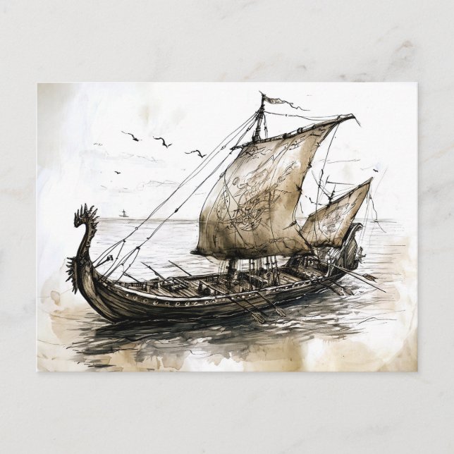 Viking Drawing of a Norse Viking ship Postcard (Front)