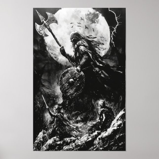 Viking Fury Black and White Acrylic Illustration P Poster (Front)