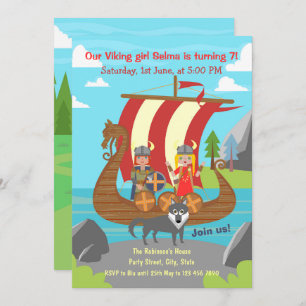 Viking girl and boy on viking ship birthday party invitation