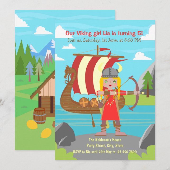Viking Girl posing in front of Viking ship Party  Invitation (Front/Back)