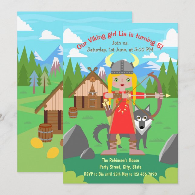 Viking Girl with bow and wolf pet Birthday Party  Invitation (Front/Back)