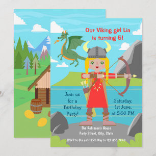 Viking Girl with dragon Birthday Party  Invitation