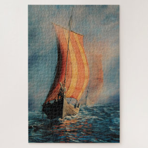 Viking longboat ship with sails on the sea jigsaw puzzle