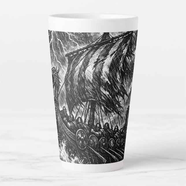 Viking Longship in the Storm — Ink Saga Art Latte Mug (Front)