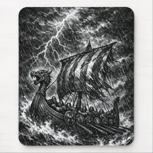 Viking Longship in the Storm — Ink Saga Art Mouse Mat