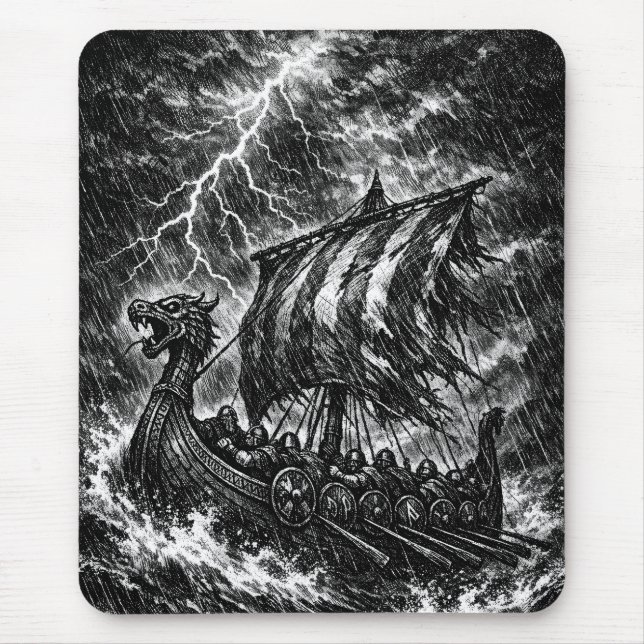 Viking Longship in the Storm — Ink Saga Art Mouse Mat (Front)