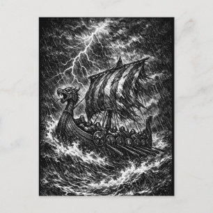 Viking Longship in the Storm — Ink Saga Art Postcard