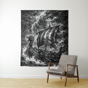Viking Longship in the Storm — Ink Saga Art Tapestry