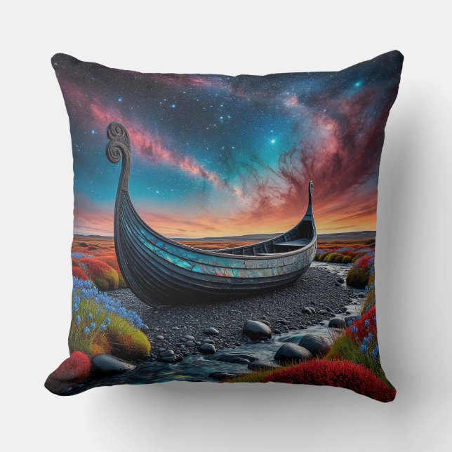 Viking Longship on a Vibrant Landscape Cushion (Front)