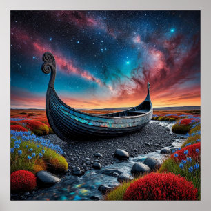Viking Longship on a Vibrant Landscape Poster