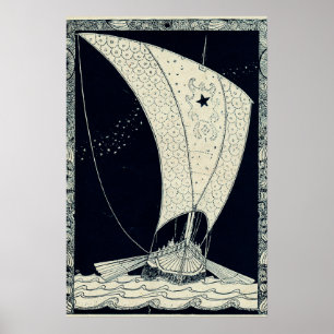 Viking Longship Sailing at Night Poster