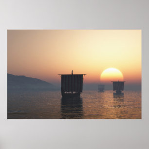 Viking Longships at Sunset Poster