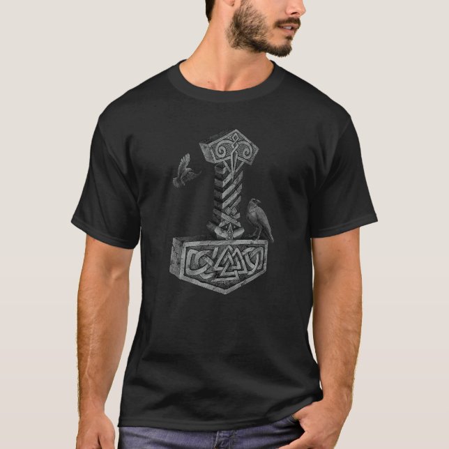 Viking Norse Mythology Thor's Mjolnir Odin's Hugin T-Shirt (Front)