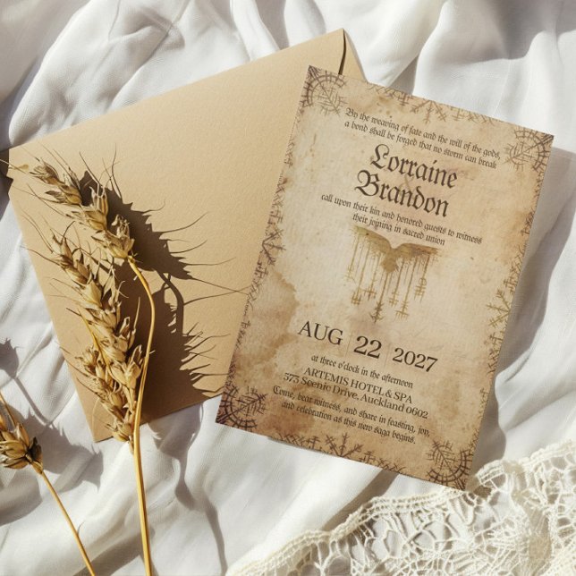 Viking Norse Saga Wedding Invitation (Rustic brown viking and norse mythology inspired wedding invitation on white background)