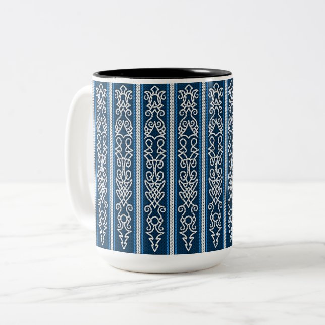 Viking Pattern Blue Two-Tone Coffee Mug (Front Left)