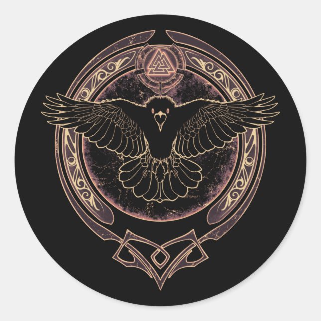 Viking Raven Munin and Valknut Classic Round Stick Sticker (Front)