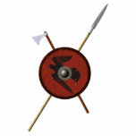 Viking Raven Shield And Weapons Photo Sculpture Magnet<br><div class="desc">A 3D rendering of a Viking shield along with a battle axe and spear. The shield is decorated with a black raven (Corvus corax) painted on red leather. Add your own text. The methods and materials used in the construction of Viking shields varied with place and time. This reconstruction is...</div>
