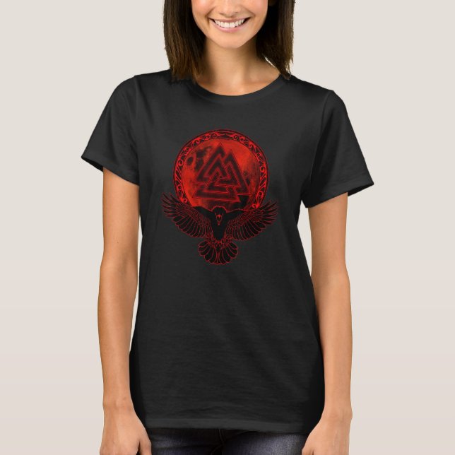 Viking Raven Valknut Symbol And Moon T-Shirt (Front)