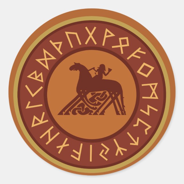 Viking Runes, Odin and Sleipnir Illustration Classic Round Sticker (Front)