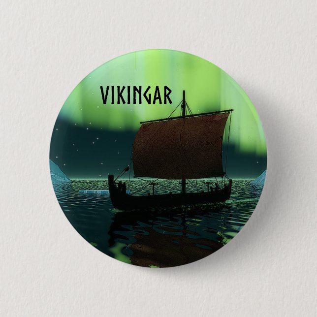 Viking Ship And Northern Lights 6 Cm Round Badge (Front)