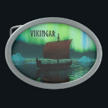 Viking Ship And Northern Lights Belt Buckle<br><div class="desc">A slightly stylised image of a Viking longship sailing at night under the Northern Lights there a couple of icebergs; most of the crew is asleep. Text reading "VIKINGAR" (Vikings) also appears.</div>