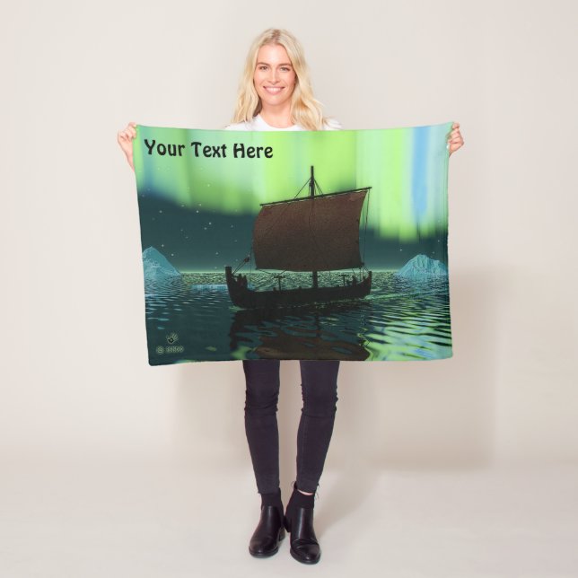 Viking Ship And Northern Lights Fleece Blanket (In Situ)