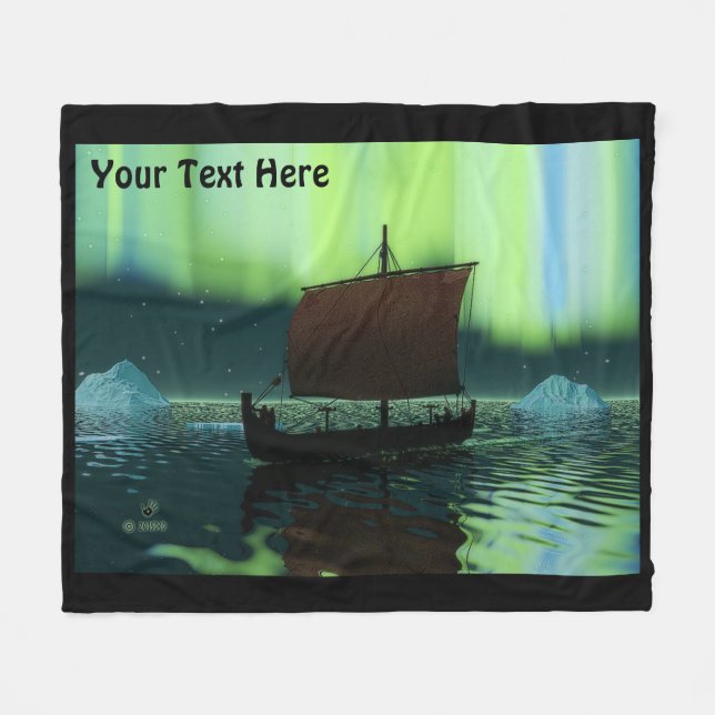 Viking Ship And Northern Lights Fleece Blanket (Front (Horizontal))