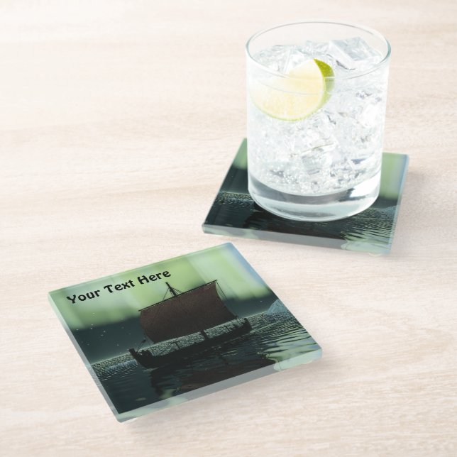 Viking Ship And Northern Lights Glass Coaster (Angled)