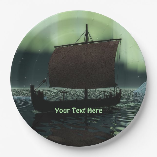 Viking Ship And Northern Lights Paper Plate (Front)
