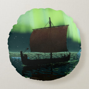 Viking Ship And Northern Lights Round Cushion