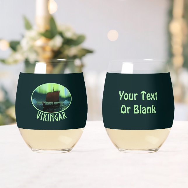 Viking Ship And Northern Lights Stemless Wine Glass (Insitu (Wedding))