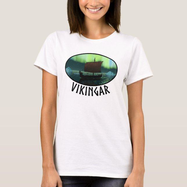 Viking Ship And Northern Lights T-Shirt (Front)