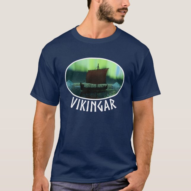 Viking Ship And Northern Lights T-Shirt (Front)