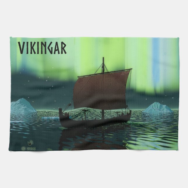 Viking Ship And Northern Lights Tea Towel (Horizontal)