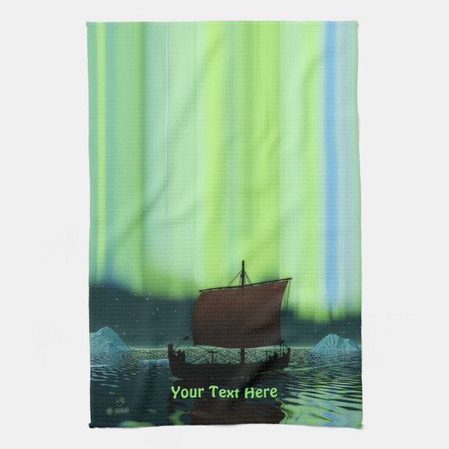 Viking Ship And Northern Lights Tea Towel (Vertical)