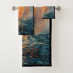 Viking ship/long boat in sail on ocean-black trim bath towel set