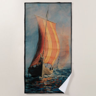 Viking ship/long boat in sail on ocean-black trim  beach towel